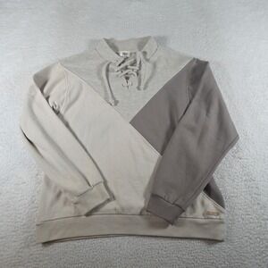 BKE Sweater Womens Size Large Tan White Long Sleeves 1/4 Lace Up Boxy Boho
